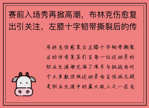 赛前入场秀再掀高潮，布林克伤愈复出引关注，左膝十字韧带撕裂后的传奇复苏