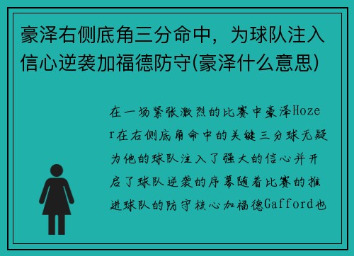 豪泽右侧底角三分命中，为球队注入信心逆袭加福德防守(豪泽什么意思)