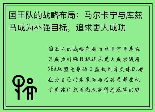 国王队的战略布局：马尔卡宁与库兹马成为补强目标，追求更大成功