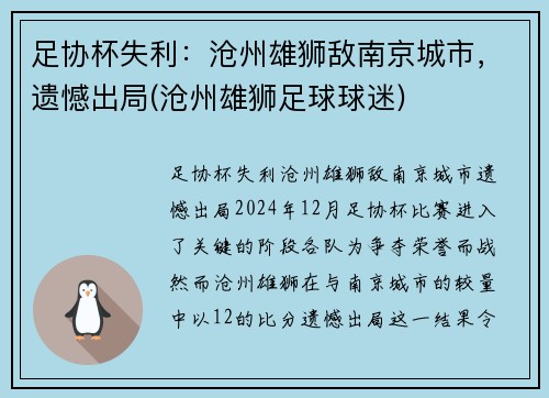 足协杯失利：沧州雄狮敌南京城市，遗憾出局(沧州雄狮足球球迷)