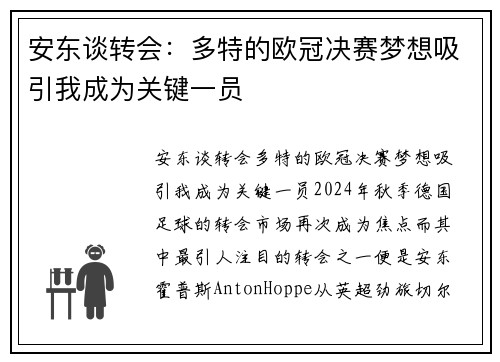 安东谈转会：多特的欧冠决赛梦想吸引我成为关键一员