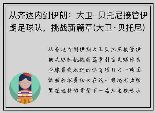 从齐达内到伊朗：大卫-贝托尼接管伊朗足球队，挑战新篇章(大卫·贝托尼)