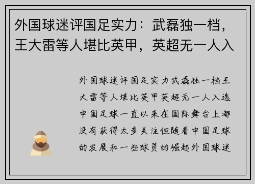 外国球迷评国足实力：武磊独一档，王大雷等人堪比英甲，英超无一人入选