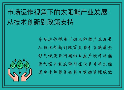 市场运作视角下的太阳能产业发展：从技术创新到政策支持