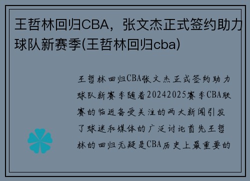 王哲林回归CBA，张文杰正式签约助力球队新赛季(王哲林回归cba)