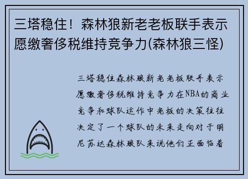 三塔稳住！森林狼新老老板联手表示愿缴奢侈税维持竞争力(森林狼三怪)